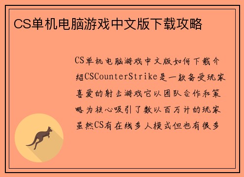 CS单机电脑游戏中文版下载攻略